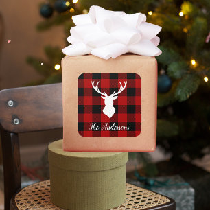 Sticker Carré Red Buffalo Plaid & Deer   Nom personnel Cadeau