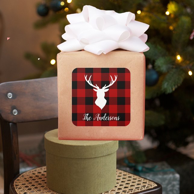Sticker Carré Red Buffalo Plaid & Deer | Nom personnel Cadeau (Créateur téléchargé)