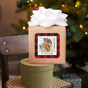 Sticker Carré Red Buffalo Plaid & Nom Personnel Et Photo