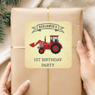 Sticker Carré Red Farm Tractor Anniversaire de enfant Party Favo