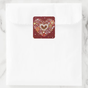 Sticker Carré Red Gold Love You Heart Flowers Papillon