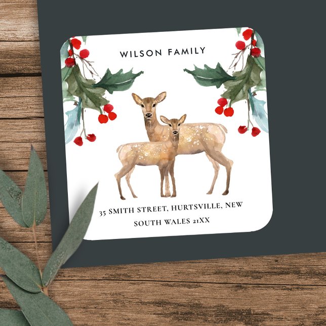 STICKER CARRÉ RED GREEN HOLLY BERRY DEER DUO ADRESSE DU NOUVEL A (Créateur téléchargé)
