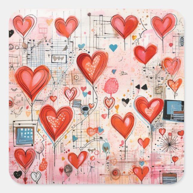 Sticker Carré Red Hearts Whimsical Love Motif (Devant)