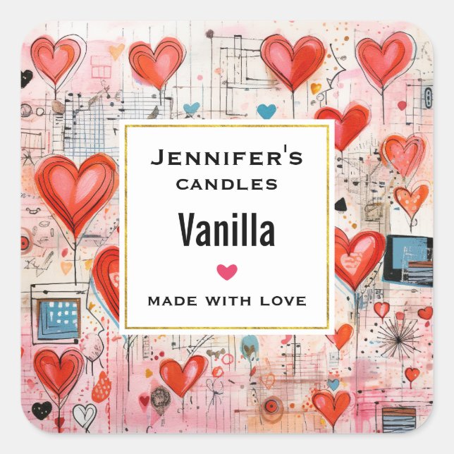 Sticker Carré Red Hearts Whimsical Love Motif Bougie Business (Devant)