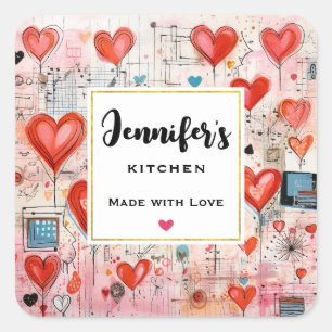 Sticker Carré Red Hearts Whimsical Love Motif cuisine
