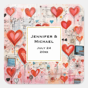 Sticker Carré Red Hearts Whimsical Love Motif Mariage Date