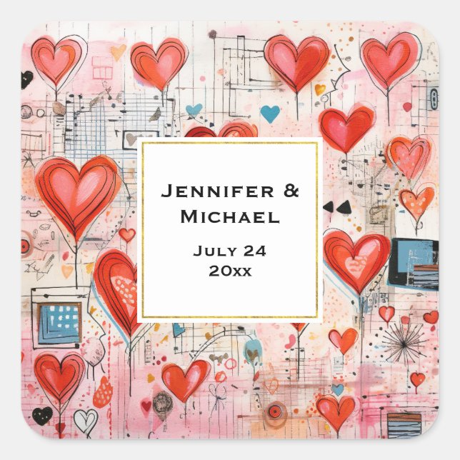 Sticker Carré Red Hearts Whimsical Love Motif Mariage Date (Devant)