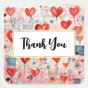 Sticker Carré Red Hearts Whimsical Love Motif Merci