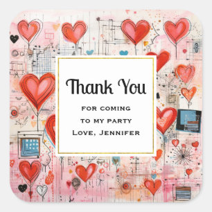 Sticker Carré Red Hearts Whimsical Love Motif Party Merci