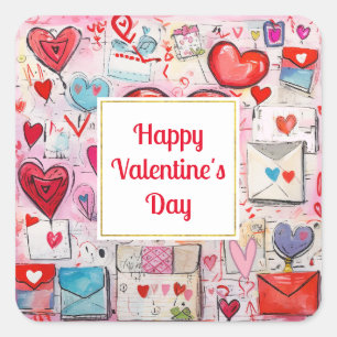 Sticker Carré Red Hearts Whimsical Love Motif Saint Valentin
