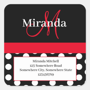 Sticker Carré Red Monogram White Polka Dot Adresse de retour