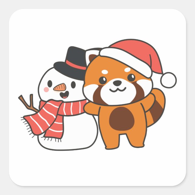 Sticker Carré Red Panda With Snowman In Winter For Christmas (Devant)