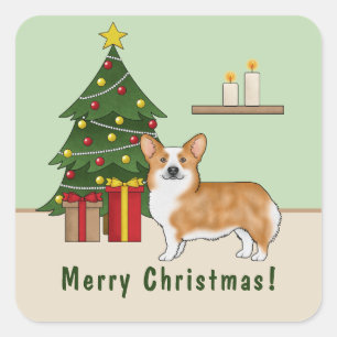 Sticker Carré Red Pembroke Welsh Corgi Chien Et Arbre De Noël