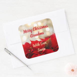 Sticker Carré Red Poinsettia texte personnalisé Noël floral