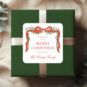 Sticker Carré Red Ribbon Bow Greenery Tags cadeaux de Noël