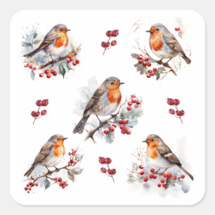 Sticker Carré Red Robin Holly Christmas