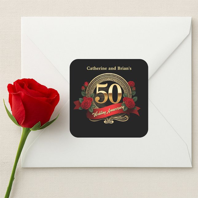 Sticker Carré Red Roses Golden 50e anniversaire de Mariage (Créateur téléchargé)