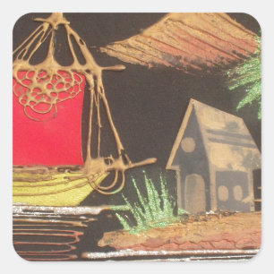 Sticker Carré Red Sailboat Paysage peinture à l'huile Imprimer