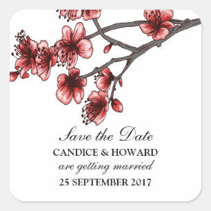 Sticker Carré Red Simple Cherry Blossoms Enregistrer la date