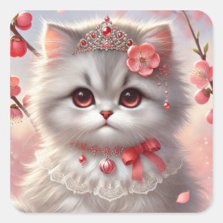 Sticker Carré Red Ume Plum Blossom Princess Cat