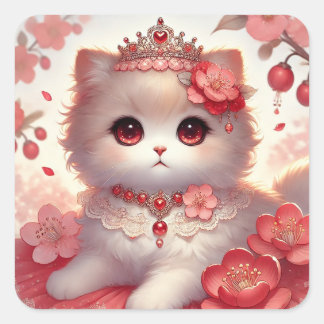 Sticker Carré Red Ume Plum Blossom Princess Cat