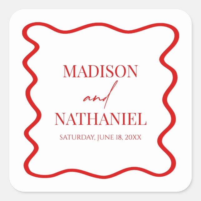 Sticker Carré Red White Elegant Wavy Border Wedding (Devant)