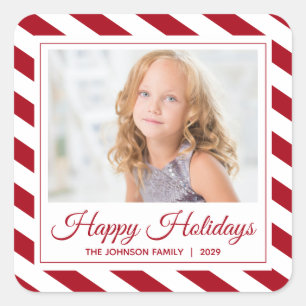 Sticker Carré Red White Stripe Happy Holidays Photo