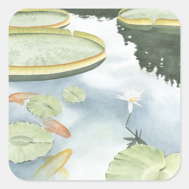 Sticker Carré Réflexion de Koi Pond avec poissons et lys (Devant)