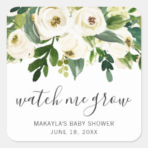 Sticker Carré Regardez-moi grandir Élégant Baby shower Floral Fi