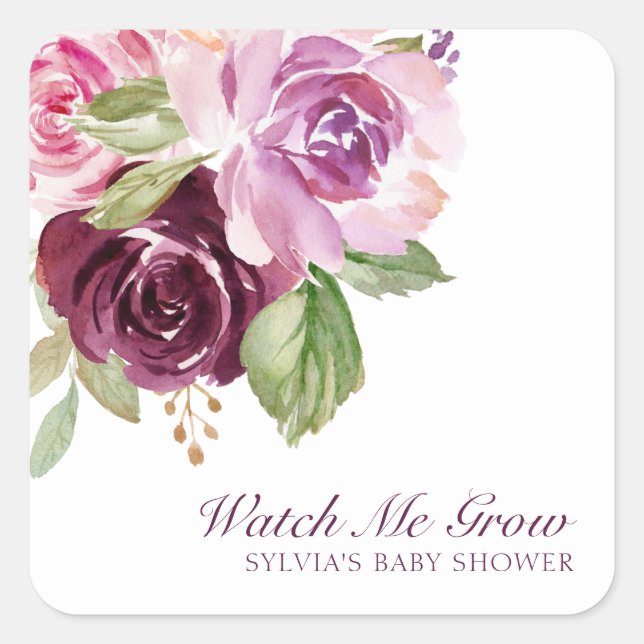 Sticker Carré Regardez-moi grandir Plum Floral Girl Baby shower  (Devant)