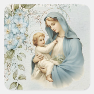 Sticker Carré Religieux Catholique Floral Jésus Vierge Marie