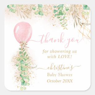 Sticker Carré Remerciement Baby Shower Balloon Floral Aquarelle