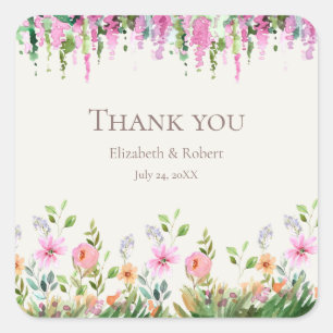 Sticker Carré Remerciement de mariage Boho Acacia et Fleurs sauv