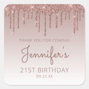 Sticker Carré Remerciement pour 21e anniversaire Rose Gold Glitt
