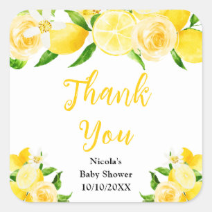 Sticker Carré Remerciement pour Baby Shower Citrons et Feuillage