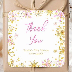 Sticker Carré Remerciement pour Baby Shower Fleurs de Neige Rose