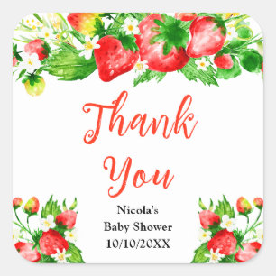 Sticker Carré Remerciement pour Baby Shower Fraises et Marguerit