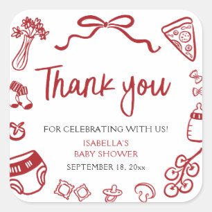 Sticker Carré Remerciement pour Baby Shower Pizza dessinée à la 