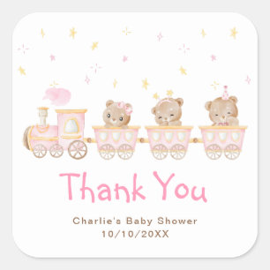 Sticker Carré Remerciement pour Baby Shower Train Rose Ours