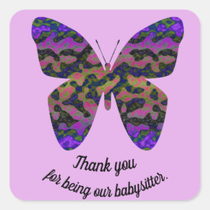 Sticker Carré Remerciements à la babysitter Papillon Violet Appr