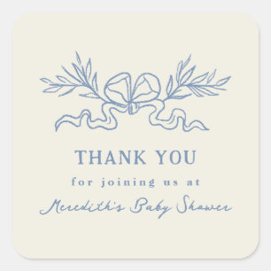 Sticker Carré Remerciements Baby Shower Ruban Botanique Bleu