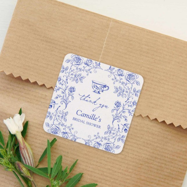 Sticker Carré Remerciements de Fête de Mariage au Thé Bleu (Blue Floral Toile Thank you Bridal Shower Sticker)