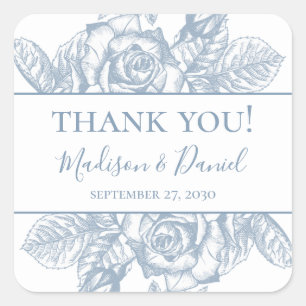 Sticker Carré Remerciements de mariage aux fleurs bleues poussié