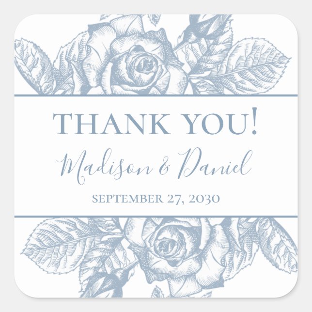 Sticker Carré Remerciements de mariage floraux bleu poussiéreux (Devant)