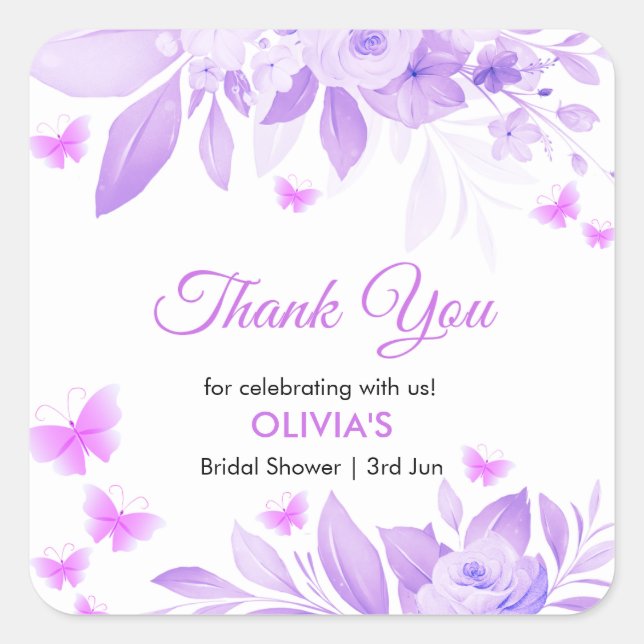 Sticker Carré Remerciements de mariage papillon floral violet (Devant)