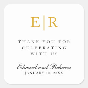 Sticker Carré Remerciements Élégant Mariage Monogramme Or