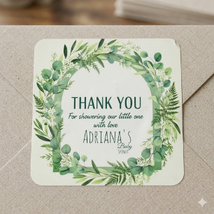 Sticker Carré Remerciements pour Baby Shower Eucalyptus Greenery
