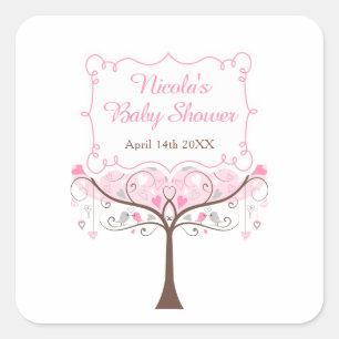 Sticker Carré Remerciements pour Baby Shower Fleur Rose Oiseau