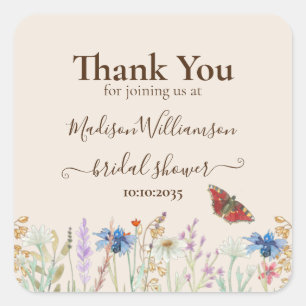 Sticker Carré Remerciements pour la Baby Shower Papillon Fleur S