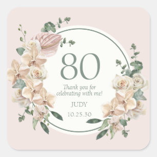 Sticker Carré Remerciements pour les 80 ans Fleurs Tropicales